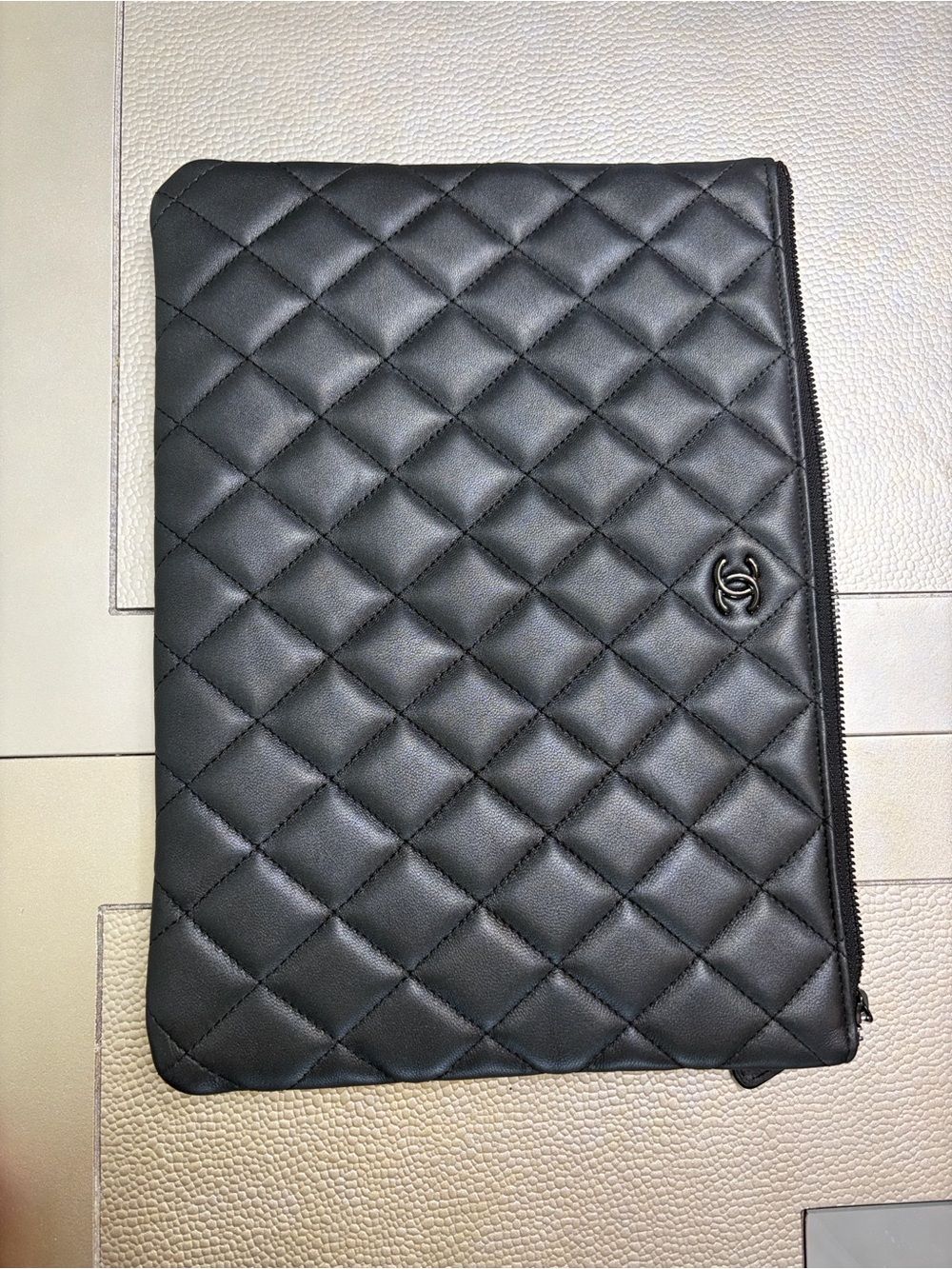CHANEL Black Quilted Leather Laptop Pouch with CC Emblem